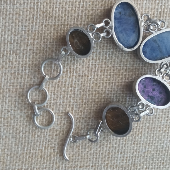Sterling Silver Vintage Multi -Stone Tiger Eye, Sodalite Bracelet - Picture 6 of 12